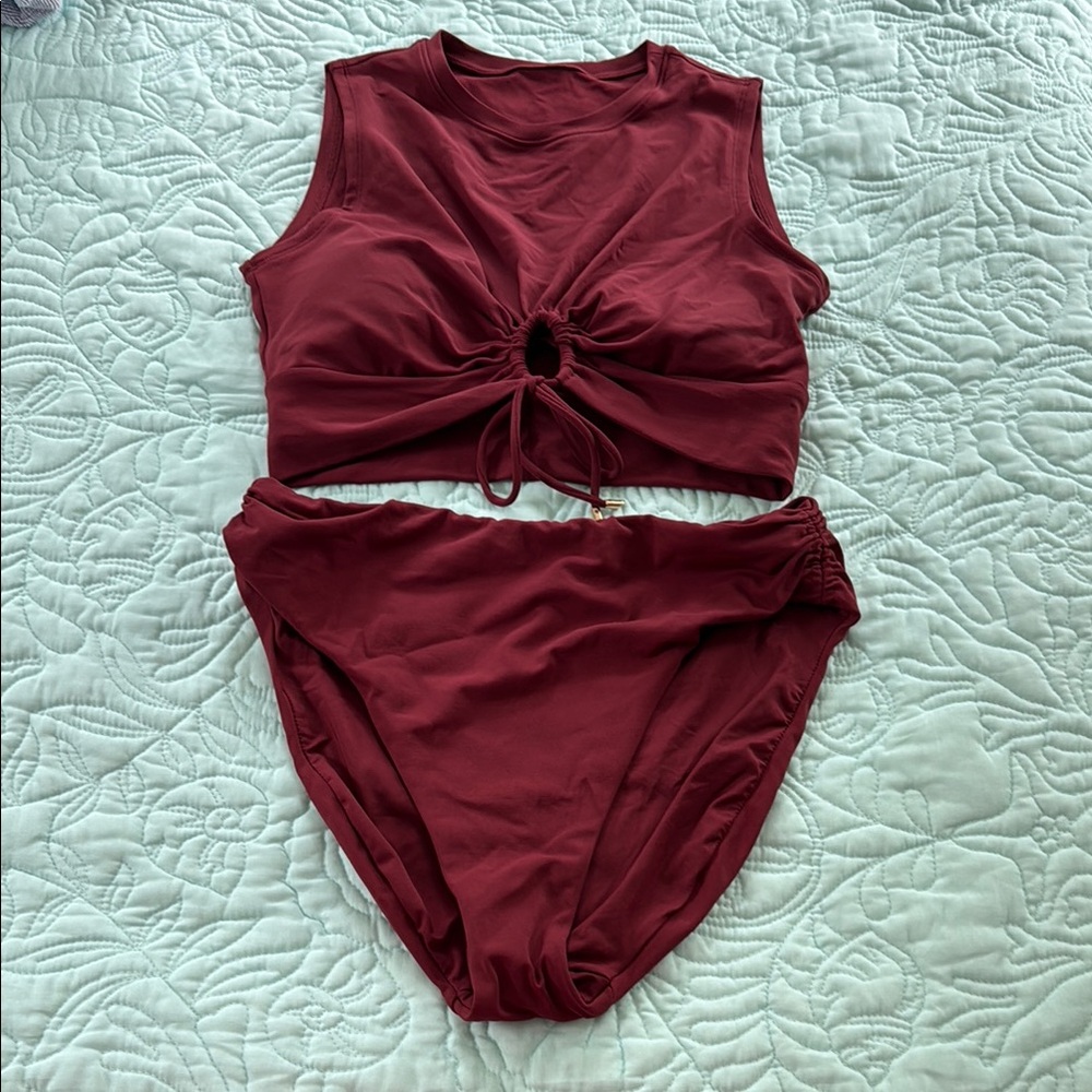 Robin Piccone Aubrey Wine Red High-Waist Tie-Front Bikini Set